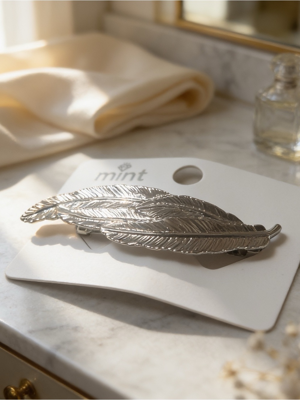 Mint Silver Double Feather Hair Barrette